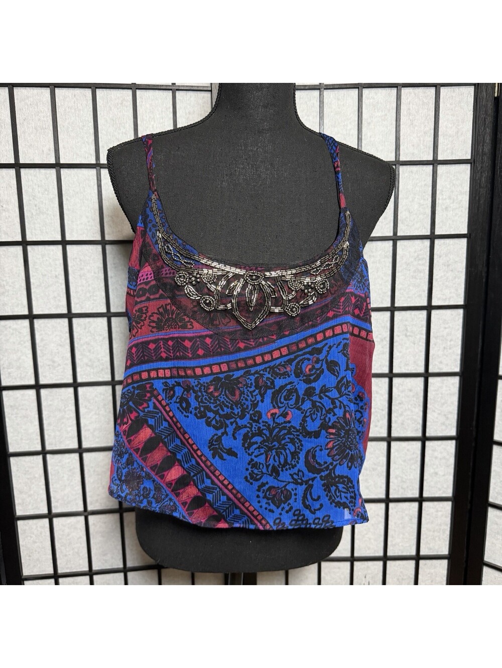 Charlotte Russe Y2K Beaded Paisley Cami Tank Top Blue Red Boho Sz L